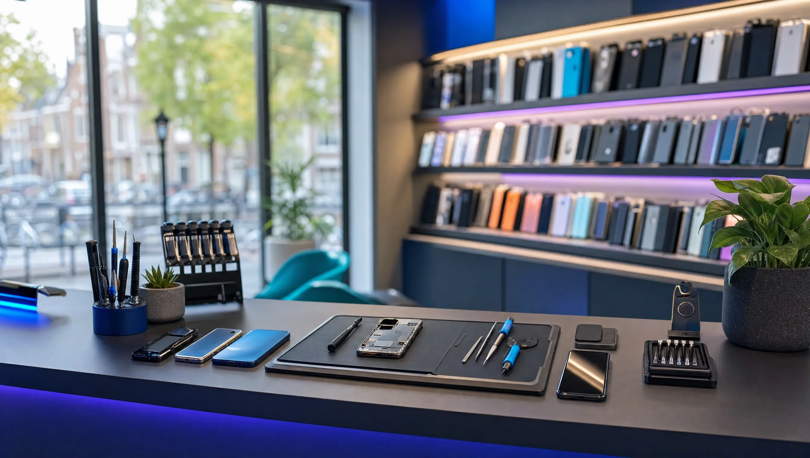 Moderne telefoonreparatie werkplek met toestellen en accessoires